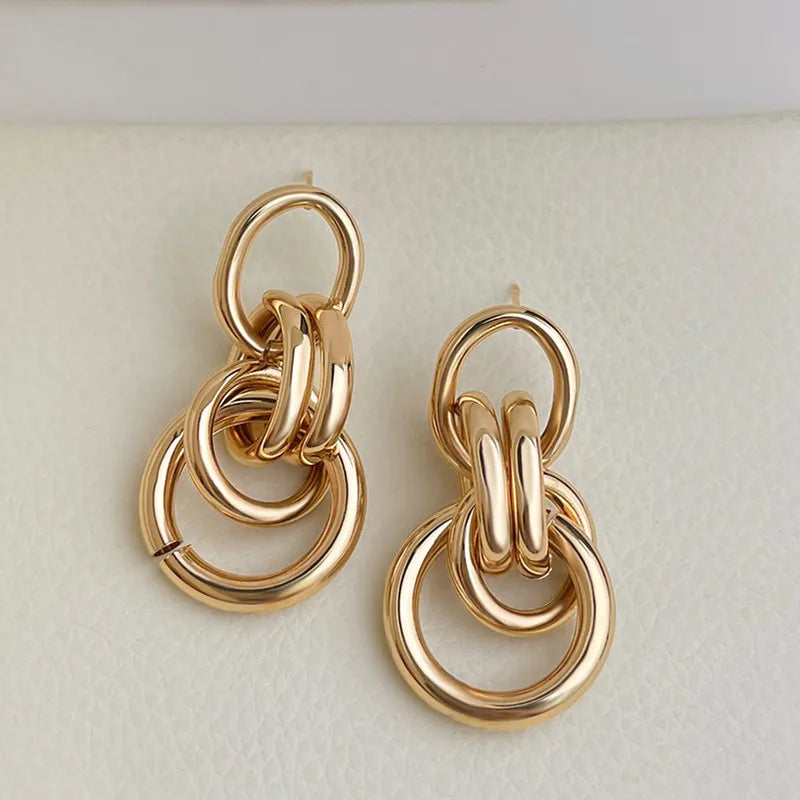 Gold Color Circle Linked Drop Earrings for Women Classic Round Metal Pendant Statement Earring Girl Party Jewelry