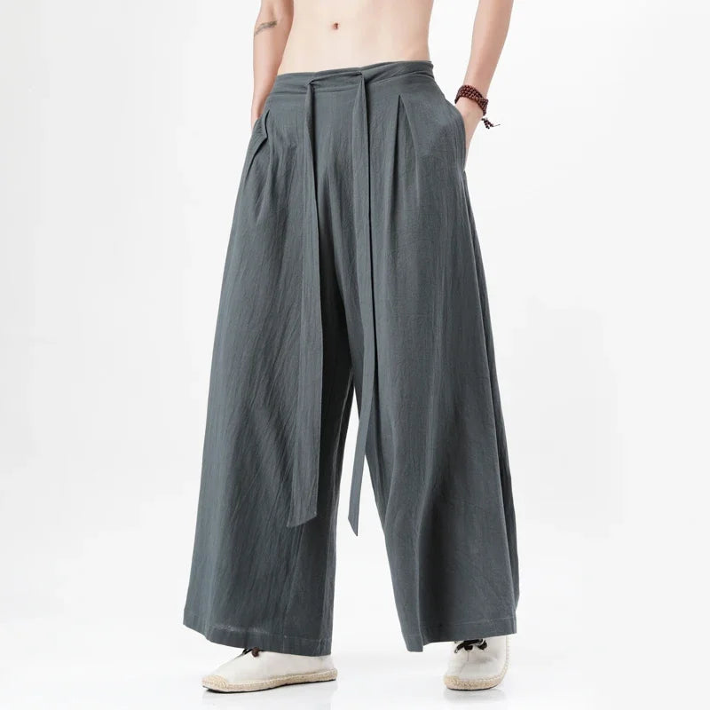 Chinese Style Linen Cotton Retro Pants Man Summer Kimono Solid Color Traditional Pants Male Streetwear Casual Wide-Leg Trousers