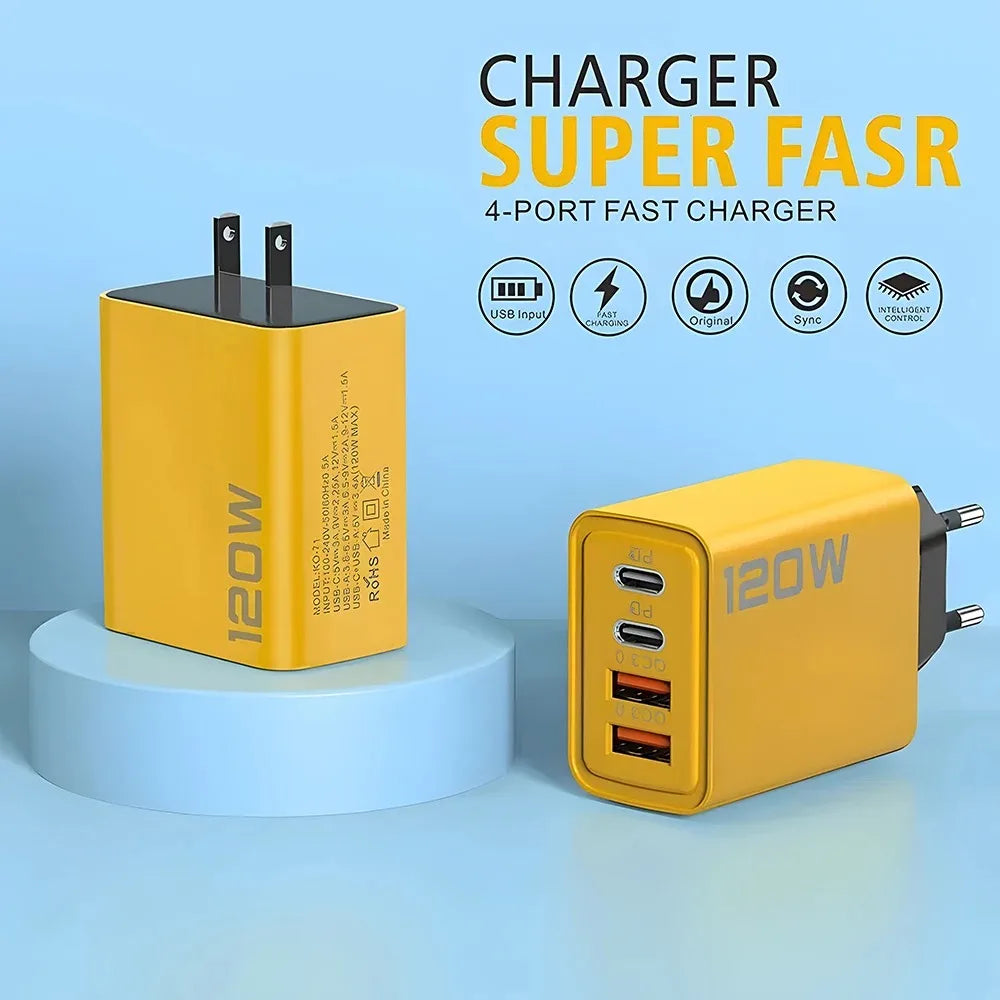 Total 120W 4 Port USB Type C Charger Fast Charging Data Cable USB Phone Charger Adapter for Samsung IPhone Xiaomi Wall Charger