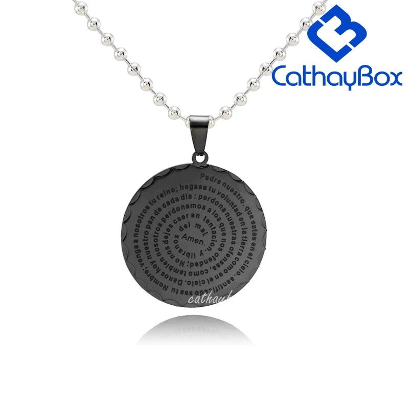 Men Spanish Lord's Prayer Pendant Necklace Gold Black Silver Color Round Jewerly 60 CM Chain