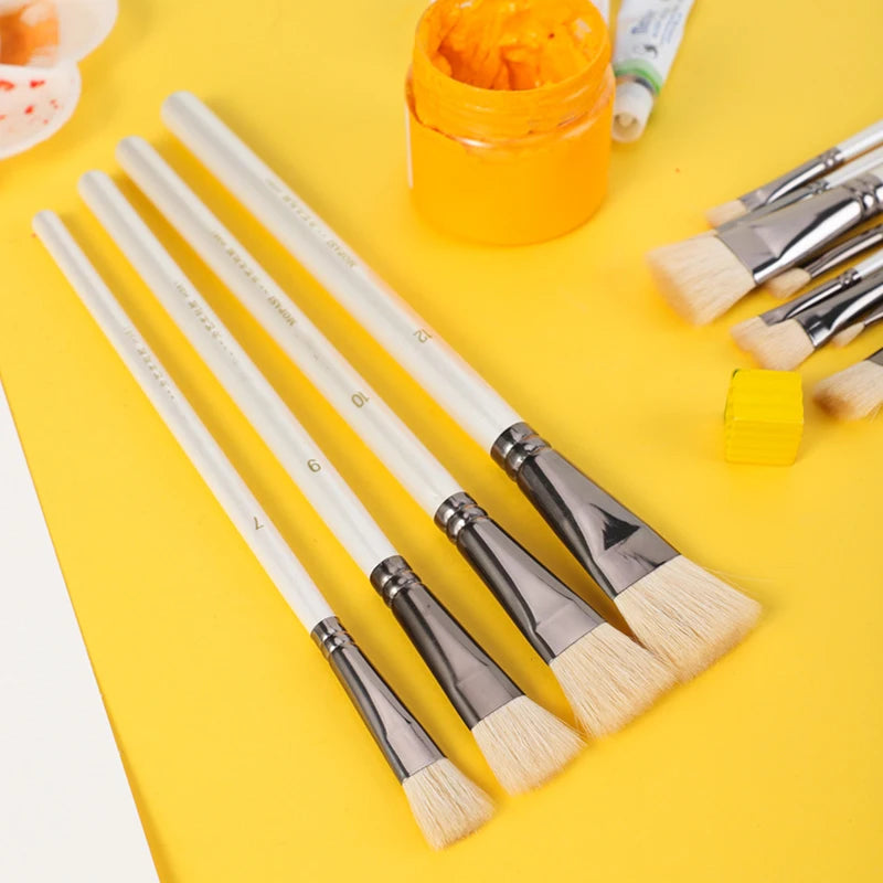 6 pcs Short rod flat head wool set watercolor oil brush soft hair painting brush children's beginner set student art paint brush