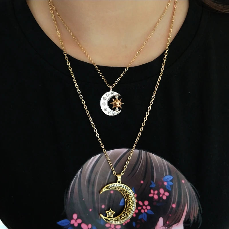 hzew Ancient gold color moon star  sun pendant necklace for women man gift