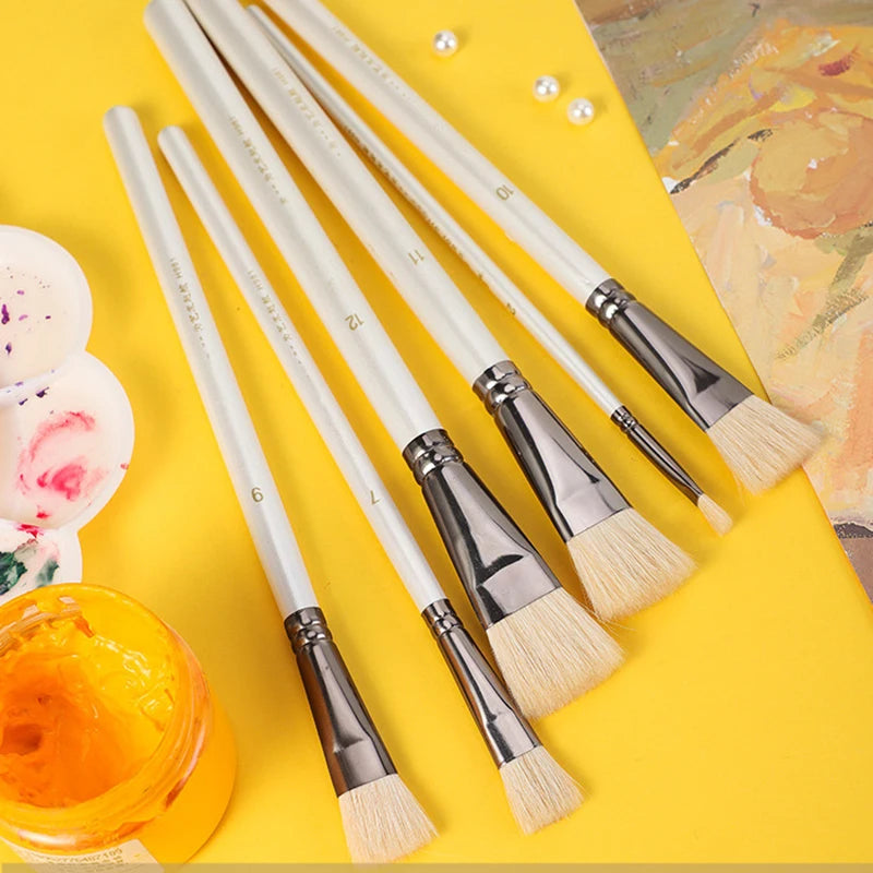 6 pcs Short rod flat head wool set watercolor oil brush soft hair painting brush children's beginner set student art paint brush