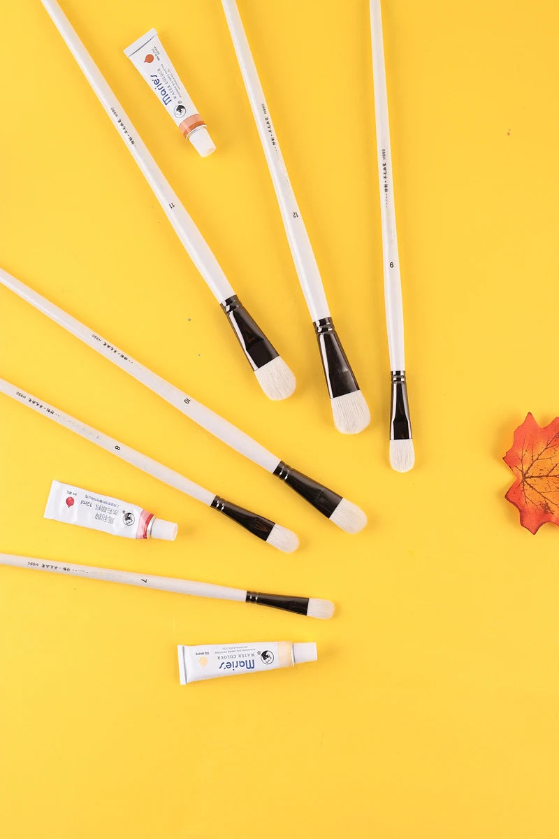 6 pcs Short rod flat head wool set watercolor oil brush soft hair painting brush children's beginner set student art paint brush