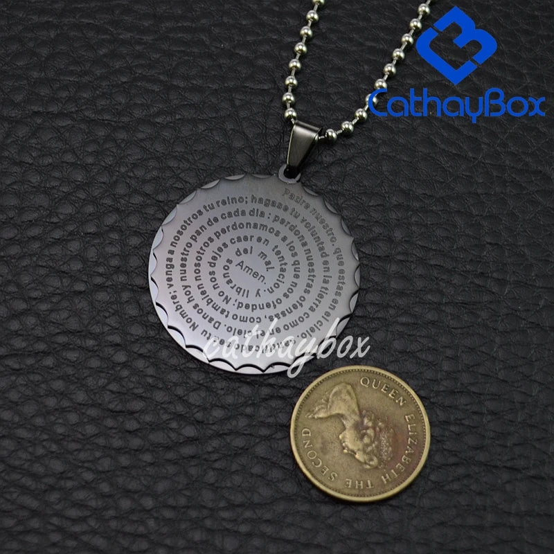 Men Spanish Lord's Prayer Pendant Necklace Gold Black Silver Color Round Jewerly 60 CM Chain