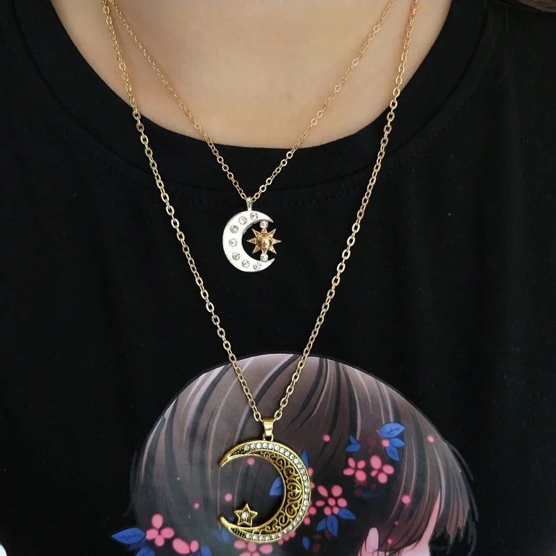 hzew Ancient gold color moon star  sun pendant necklace for women man gift