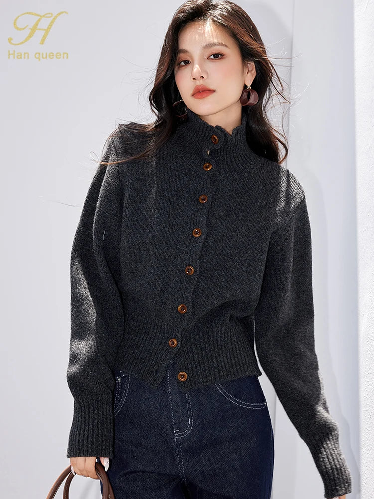 H Han Queen Winter Cardigan Sweater Thickened Warm Lazy Wind Soft Sticky Women's Fashion O-Neck Elastic Vintage Sweaters Tops