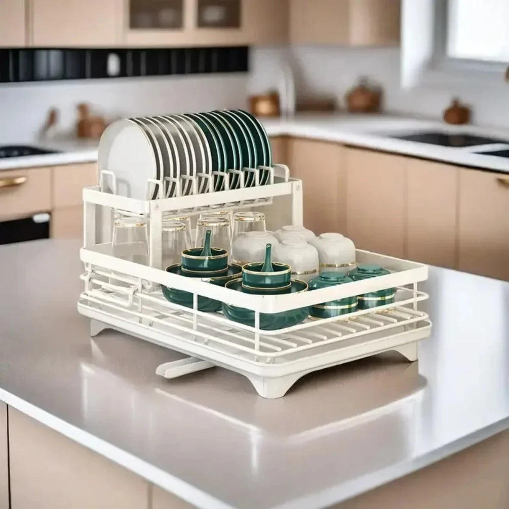 Bowl Rack - 2 Tier Dish Drainer Storage Adjustable Space Saving Kitchen Utensil Organizer for Plates Cups Cutlery