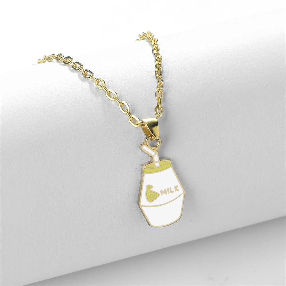 Cartoon Banana Milk Bottle Pendant Necklace with Lobster Clasp Protect Gold Silver Color Alloy Chain Jewelry Gift for Girl Women