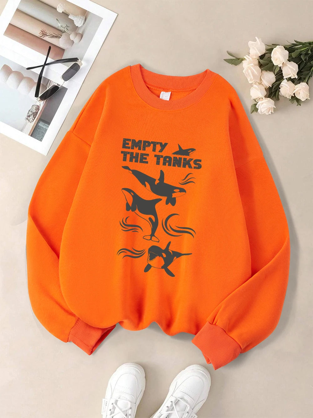 Empty The Tanks Dolphin Printed Sweatshirts Womens Winter Fleece Warm Hoodies Crewneck Loose Pullovers Basics Sporty Clothes