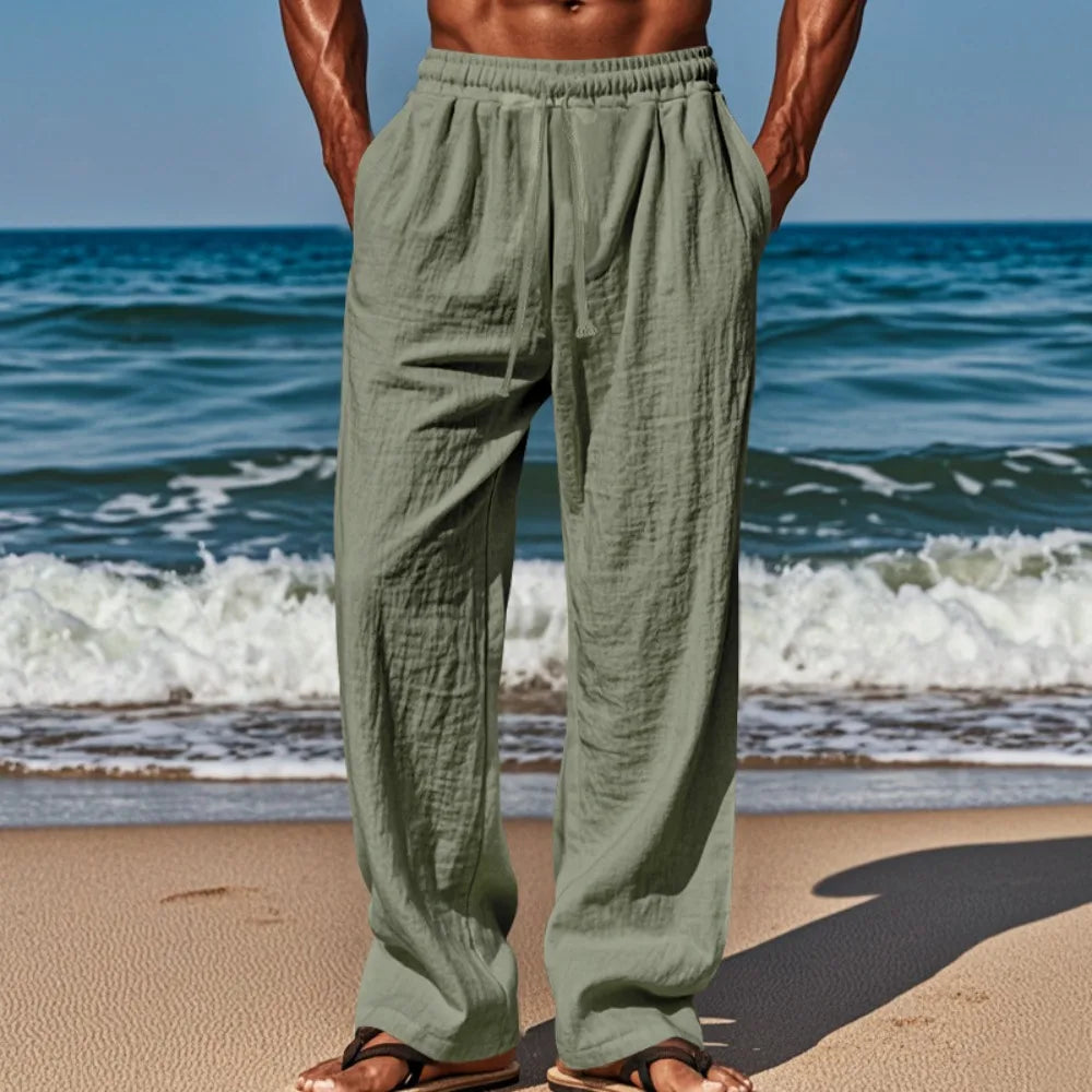 Spring Summer Thin Cotton Linen Loose Pants for Men Casual Elastic Waistband Solid Color Trousers Plus Size Beach Pants Man