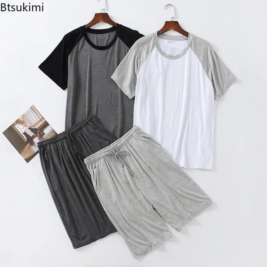 2025 Men's Summer Modal Pajama Sets O-neck Short Sleeve Tops and Short Pants Home Wear Man Loose Soft Colorblock Nightwear Sets