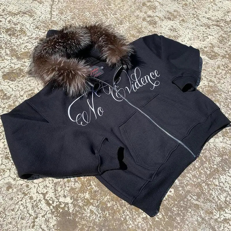 Y2k Gothic Punk Hip Hop Letter Print Faux Fur Collar Zip Up Hoodie Harajuku Aesthetic 2000s Hoodies Clothes Streetwear EMO Girl