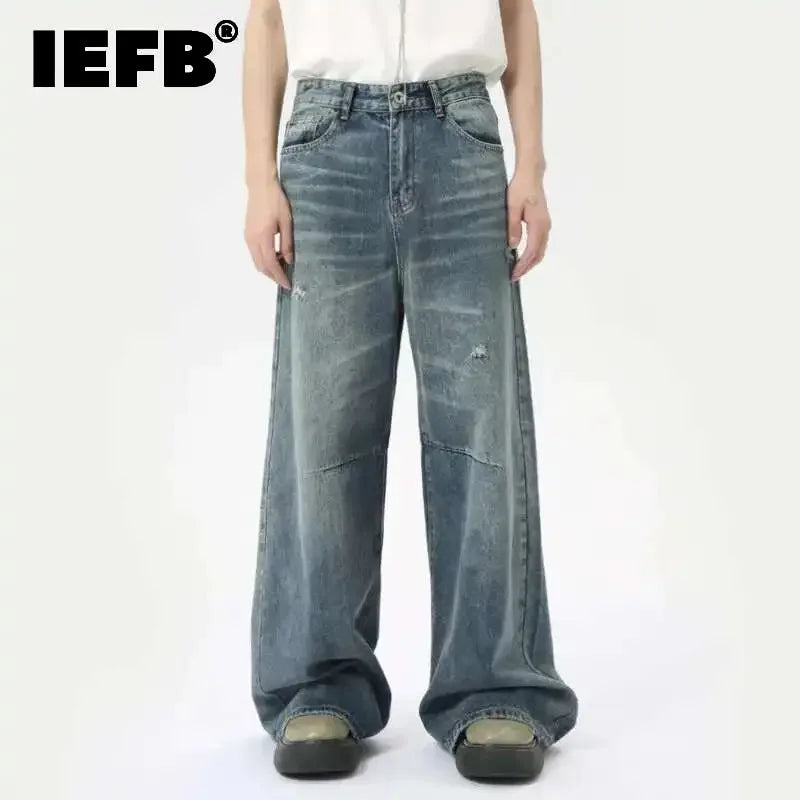 IEFB American Style Men's Denim Pants Washing Fashion Loose Men's Straight Trousers Casual Wide Leg Jeans New Summer 2024 9C6303