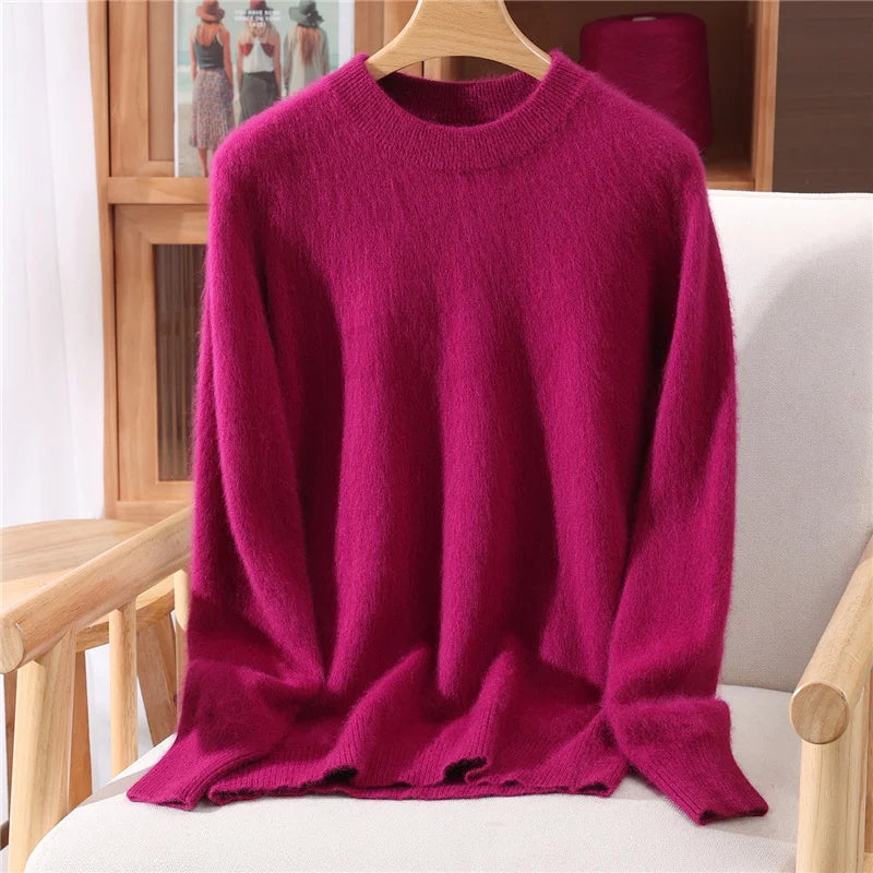 Women's 100% Mink Cashmere Sweater Crewneck Pullover Sweater Fleece Knitted Premium Clothing Winter Warm Long Sleeve Pullover