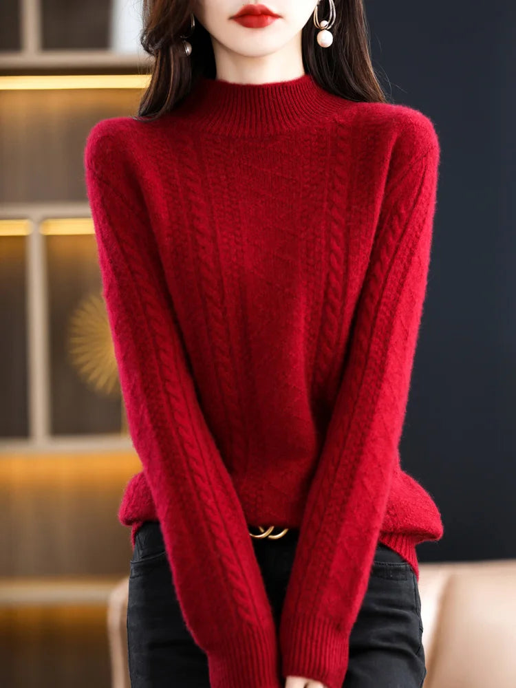 Chic Autumn Winter Soft Sophisticated Sweater Women's Mock Neck Pullover 100% Merino Wool Knitwear Solid Color Casual Tops