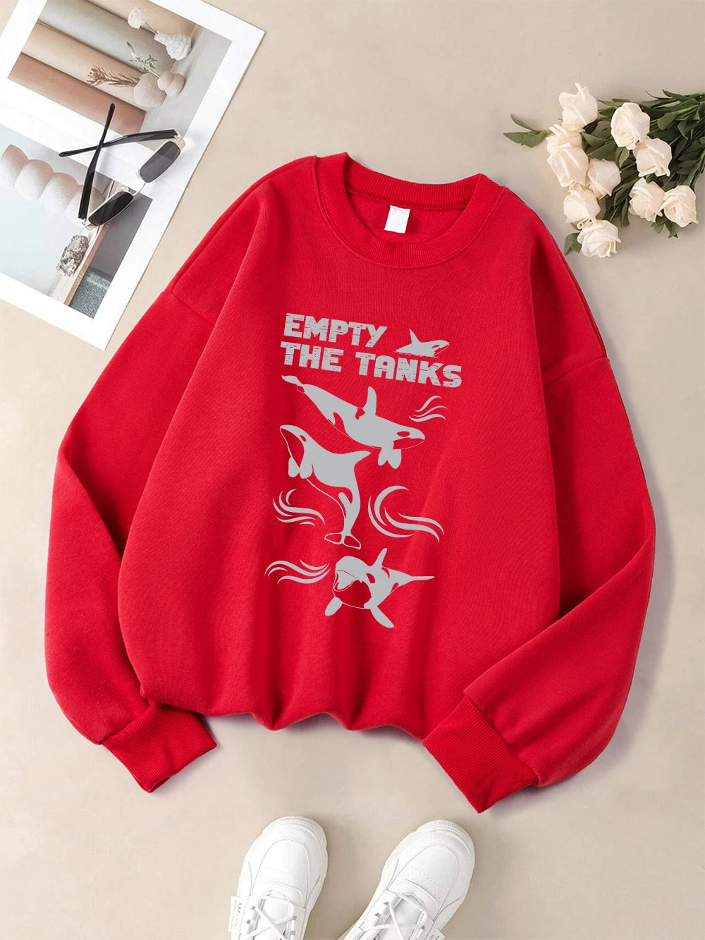 Empty The Tanks Dolphin Printed Sweatshirts Womens Winter Fleece Warm Hoodies Crewneck Loose Pullovers Basics Sporty Clothes