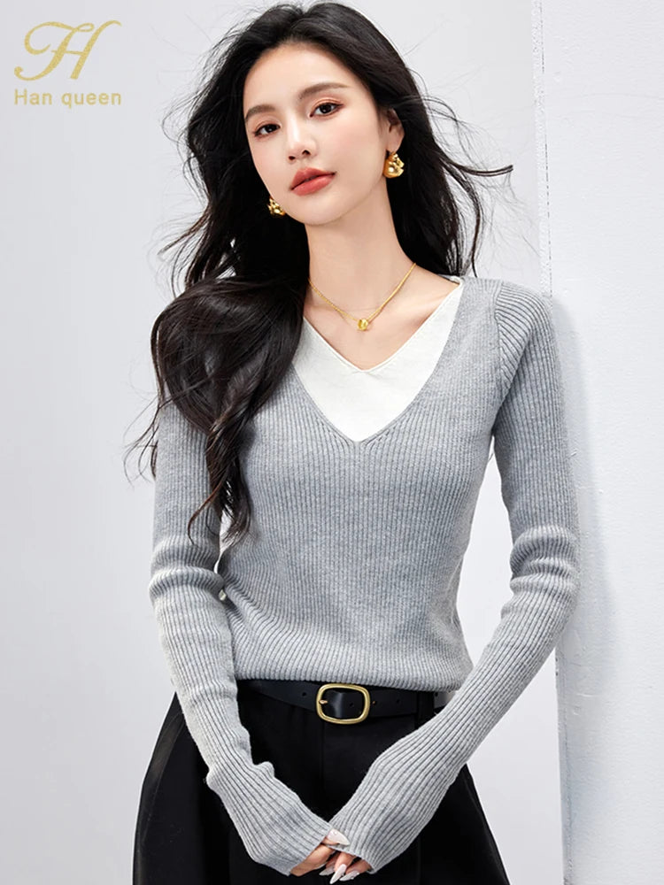 H Han Queen Autumn Winner Pullovers Sweaters Color Blocking Women Vintage Casual Tops Long Sleeve Knitwear Sweater