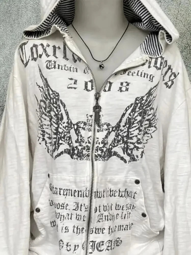 Y2k Emo Women Vintage Streetwear Letter Print Hoodie Punk Zip Up Hoodies Graphic Oversized Sweatshirt Goth Harajuku Alt Clothes