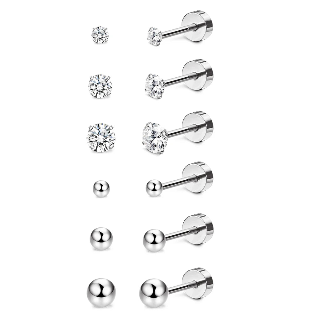 1-6 Pairs 18G Stainless Steel Small Tiny Cubic Zirconia Ball Screw Back Cartilage Helix Piercing Stud Earrings for Women Men