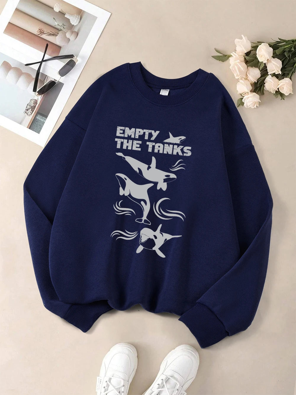 Empty The Tanks Dolphin Printed Sweatshirts Womens Winter Fleece Warm Hoodies Crewneck Loose Pullovers Basics Sporty Clothes