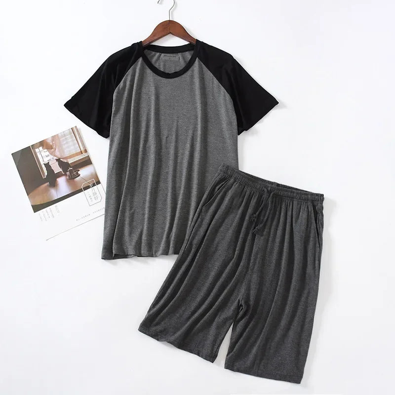 2025 Men's Summer Modal Pajama Sets O-neck Short Sleeve Tops and Short Pants Home Wear Man Loose Soft Colorblock Nightwear Sets