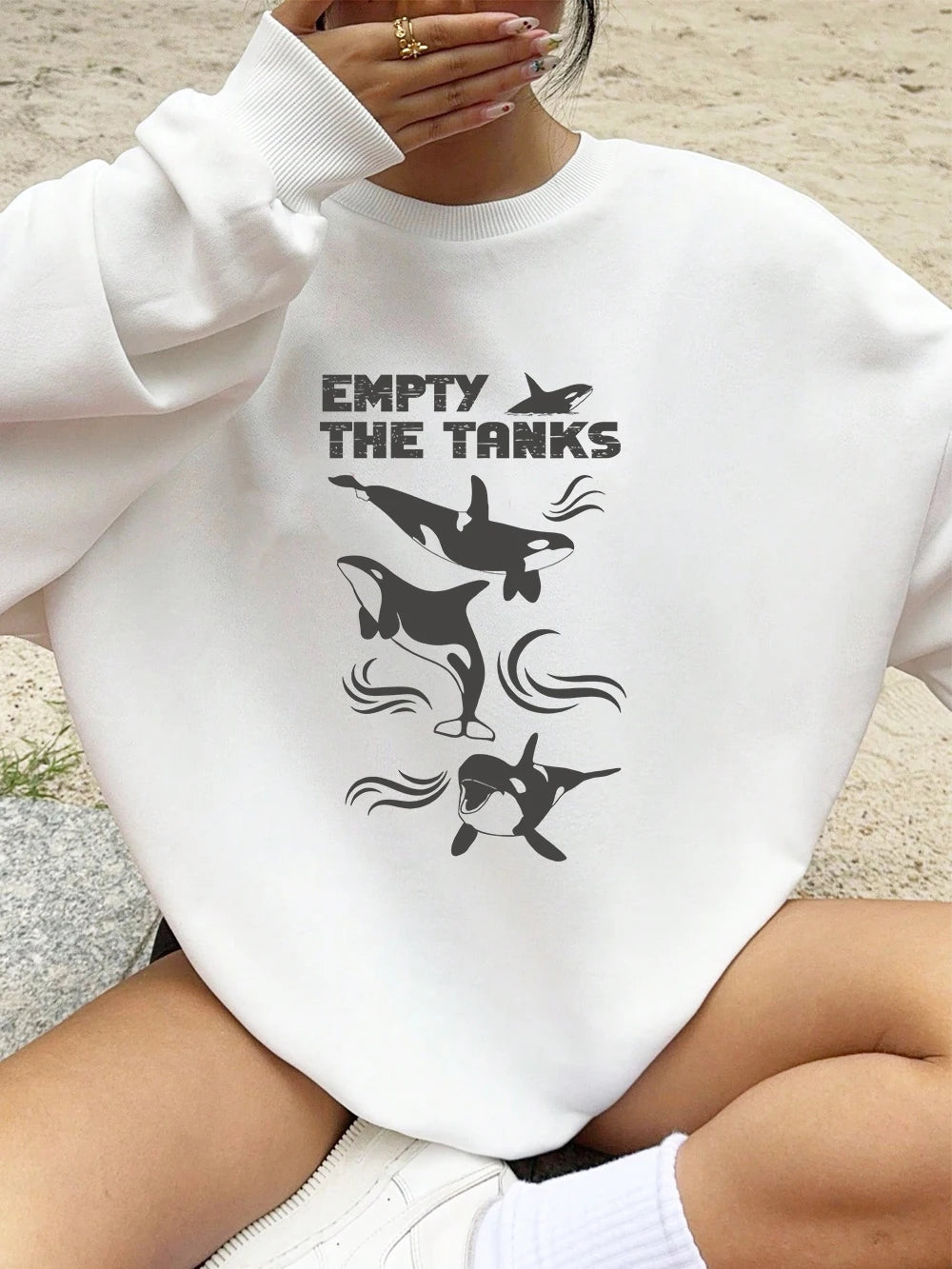 Empty The Tanks Dolphin Printed Sweatshirts Womens Winter Fleece Warm Hoodies Crewneck Loose Pullovers Basics Sporty Clothes