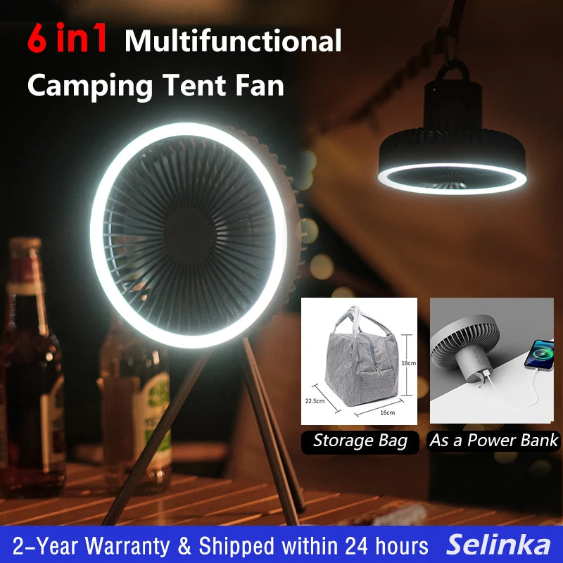 10000mAh Camping Fan Rechargeable Desktop Portable Circulator Wireless Ceiling Electric Fan with Power Bank LED Lighting