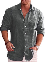 Casual Men Blouse Shirts Slim Turn Down Collar Long Sleeve Button Pocket Flax Business Tops NMD-6653