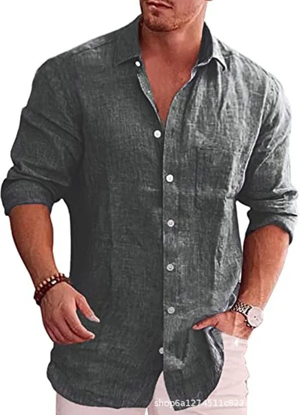 Casual Men Blouse Shirts Slim Turn Down Collar Long Sleeve Button Pocket Flax Business Tops NMD-6653