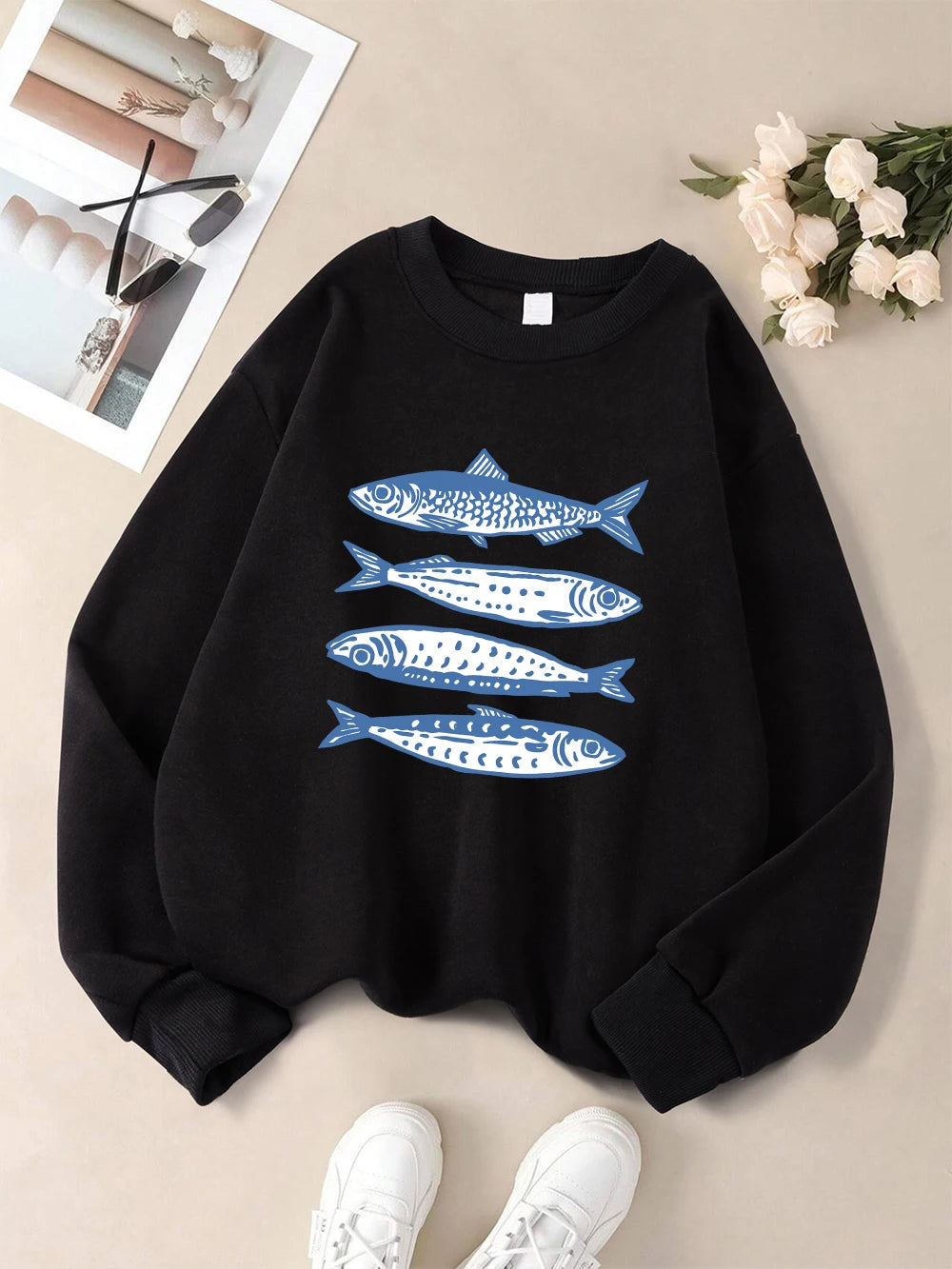 Sardines Blue Printing Sweatshirts Womens Crewneck Basics Hoodies Loose Fleece Warm Pullover Winter Comfortable Womans Clothes