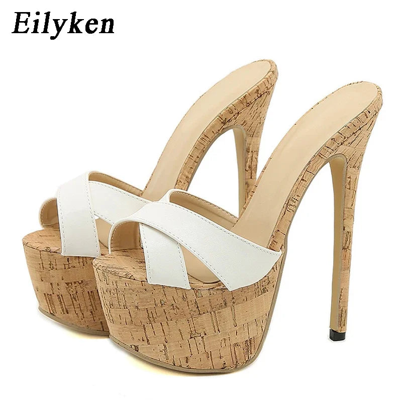 Eilyken Handmade Slipper Women Platform Slingback Sandals Patent Leather Sexy Stiletto Heel Open Toe Pretty White Shoes