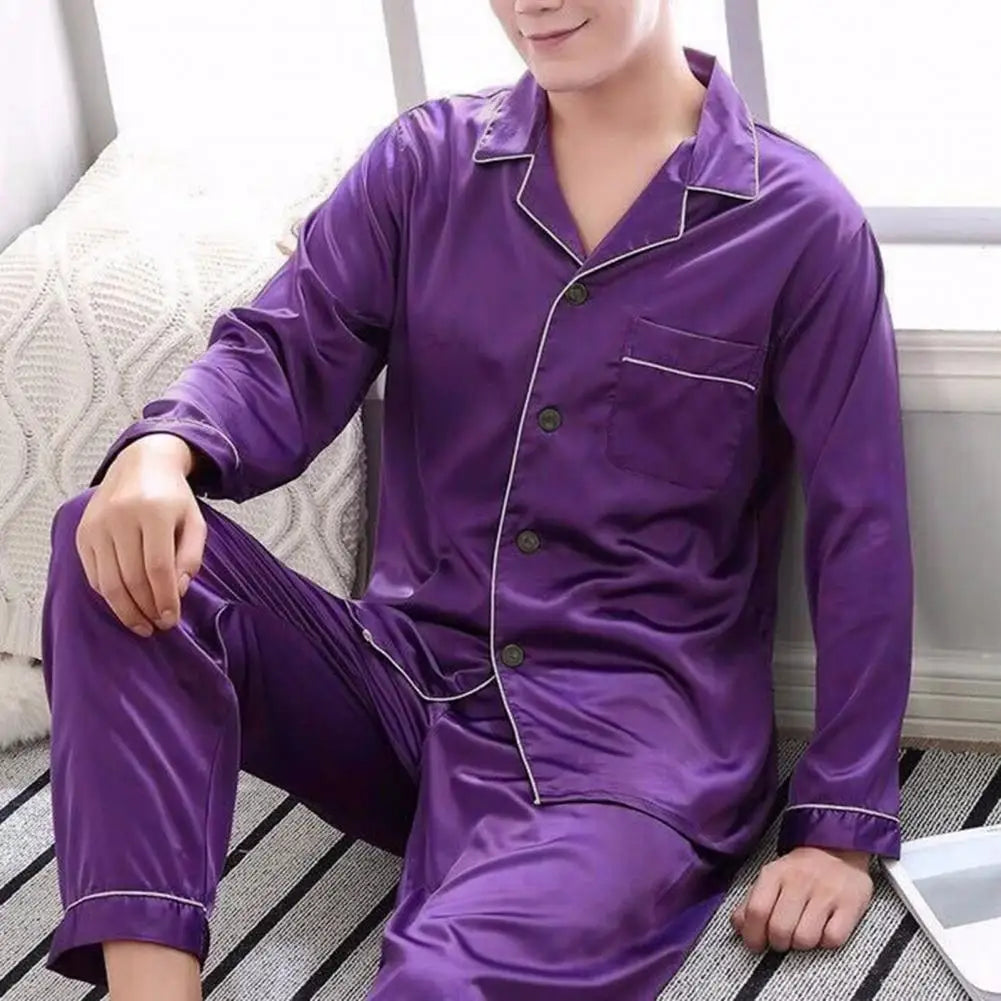 1 Set Men Sleepwear Solid Color Long Sleeved Single Breasted Home Wear Ice Silk Loose Plus Size Pajamas Set For Home