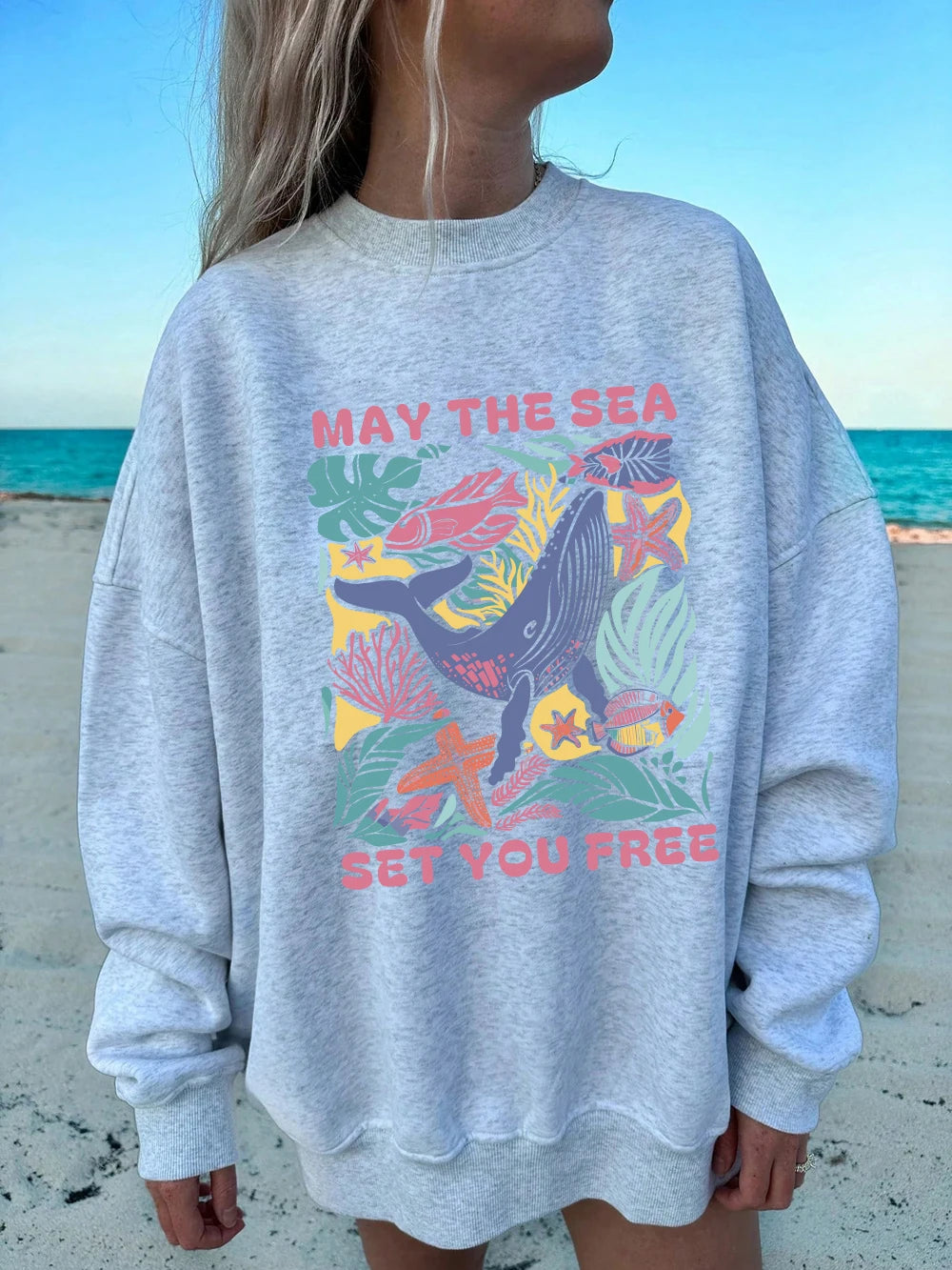 May The Sea Set You Free Printed Sweatshirts Womens Winter Fleece Warm Hoodies Crewneck Loose Pullover Basics Sporty Clothes