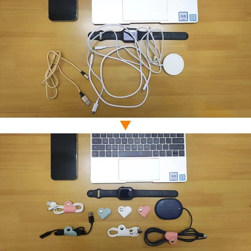 Heart-Shaped Faux Leather Cable Cord Winder Organizer Cable Management Clips for Headphones