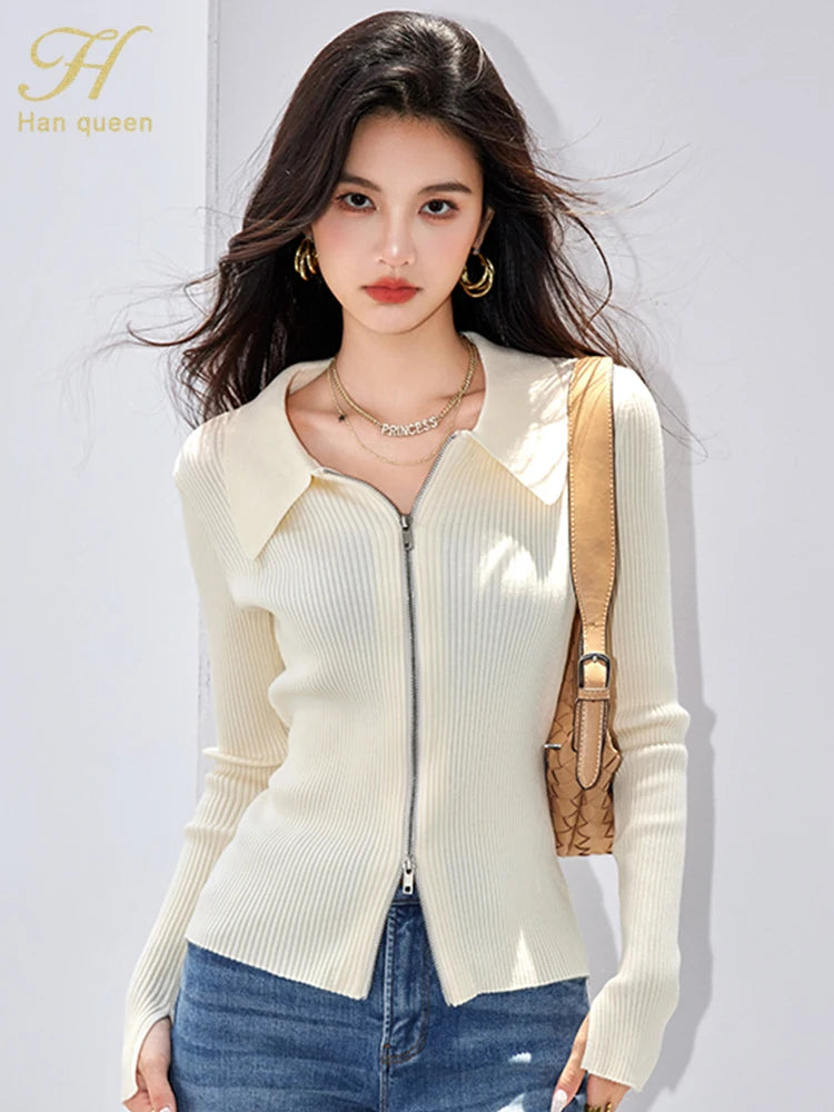 H Han Queen Elegant Basic Cardigan Sweaters Simple Fashion Zip Knitwear Women Long Sleeve Sweater Reviews Many Clothes Outer