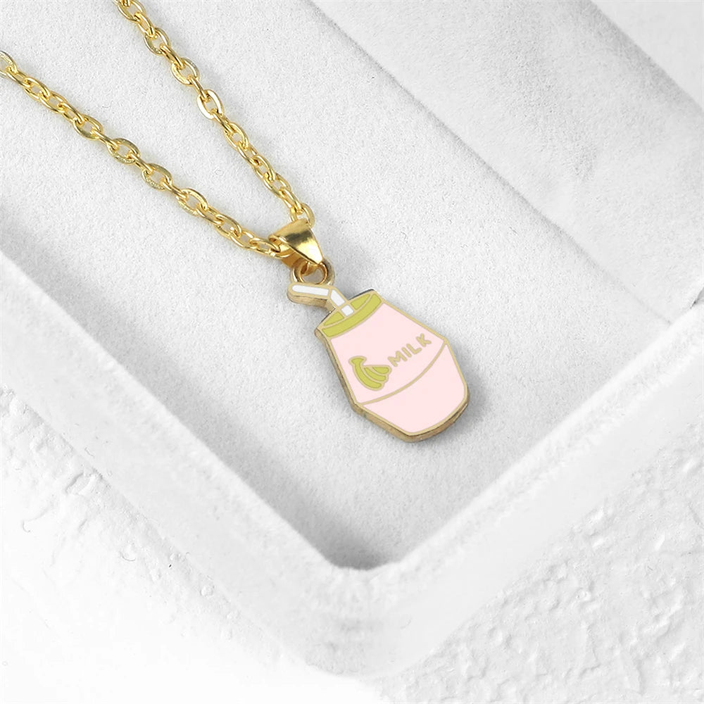 Cartoon Banana Milk Bottle Pendant Necklace with Lobster Clasp Protect Gold Silver Color Alloy Chain Jewelry Gift for Girl Women