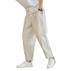 Men Cropped Trousers Men Casual Pants Men's Loose Straight Drawstring Ninth Pants with Elastic Waist Pockets Solid for Daily