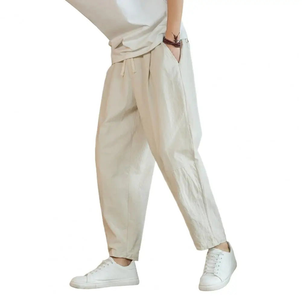Men Cropped Trousers Men Casual Pants Men's Loose Straight Drawstring Ninth Pants with Elastic Waist Pockets Solid for Daily