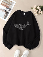 Simple Sketch Whale Printing Sweatshirts Womens Fleece Warm Casual Hoodies Crewneck Loose Pullover Winter Comfortable Clothes