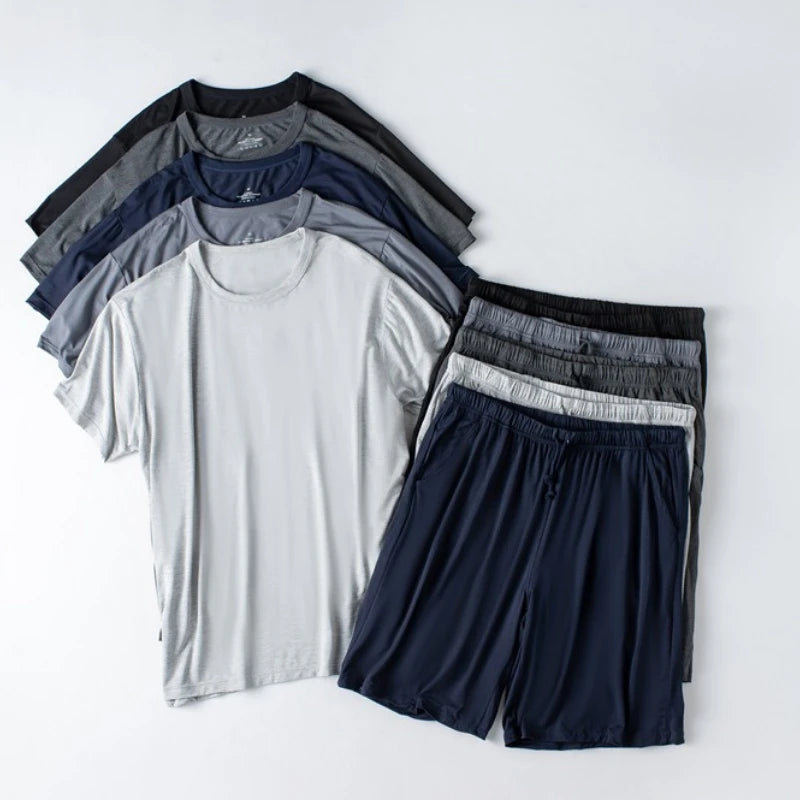 Modal Cotton Pajamas Suit Summer Men's Thin Loose Short-sleeved Shorts Nightwear Male Soft Breathable Homewear Sports Loungewear