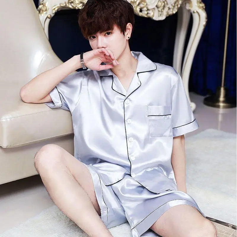 Summer Men's New Ice Silk Pajamas Homewear Suit Men's Thin Short-Sleeved Shorts Loose Large Size Youth Fashion Leisure Suit