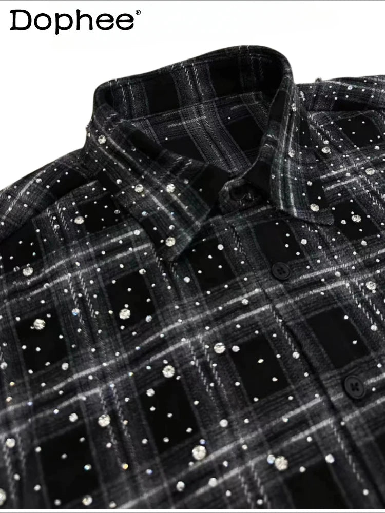 Male Original 2024 Autumn New Hot Diamond Beads Diamond Plaid Men's Women's Long-sleeve Shirts Trendy Light Luxury Shirts Jacket