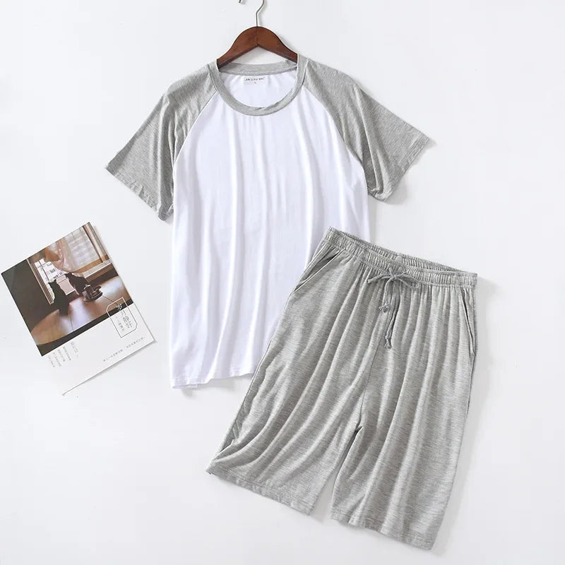 2025 Men's Summer Modal Pajama Sets O-neck Short Sleeve Tops and Short Pants Home Wear Man Loose Soft Colorblock Nightwear Sets
