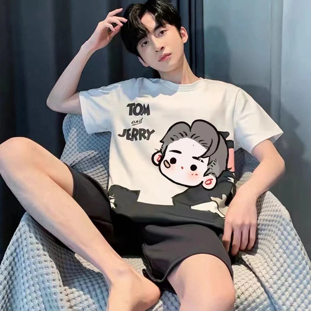 Men's Summer Pajamas Loungewear Set Round Neck Short Sleeve Thin Teen Men New Cartoon Casual Student Pajamas Loungewear Set
