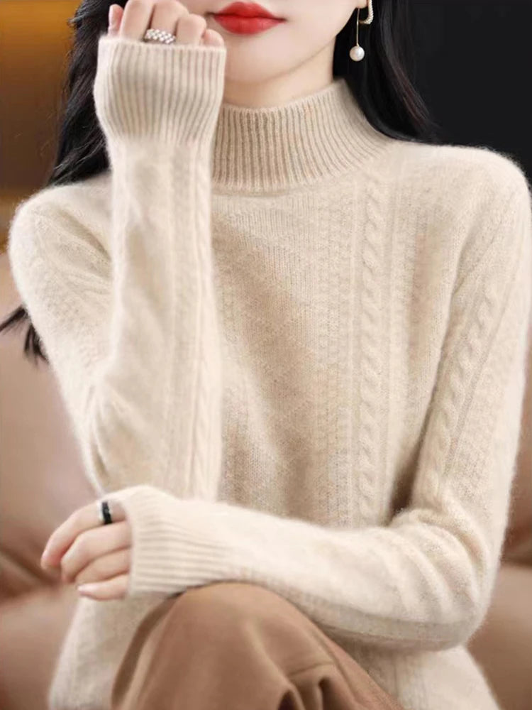Chic Autumn Winter Soft Sophisticated Sweater Women's Mock Neck Pullover 100% Merino Wool Knitwear Solid Color Casual Tops