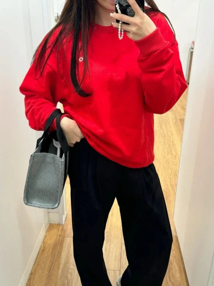Women's Sweatshirts O Neck Solid Black Red Classic Letter Loose Casual Sports Pullovers Fashion Long Sleeve Hoodies for Women