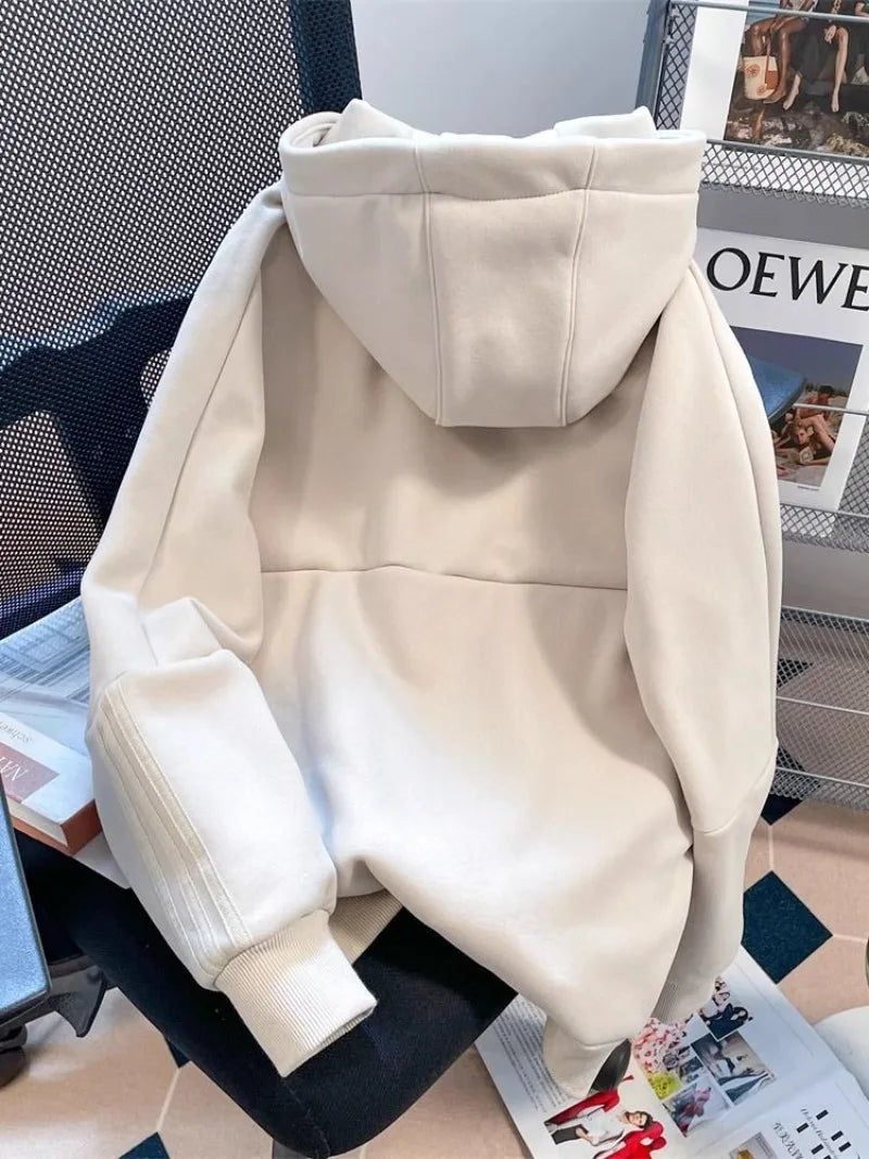American Style Oversize Jacket Women Lazy Hooded Zipper Hoodies Autumn Winter Coat Female Long Sleeve Outerwear Zipper Cardigan