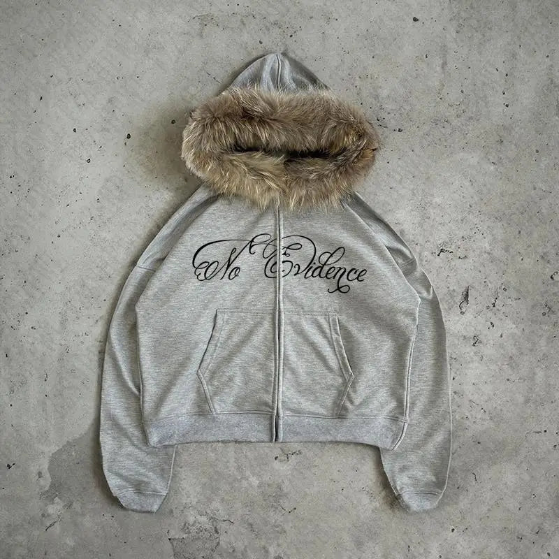 Y2k Gothic Punk Hip Hop Letter Print Faux Fur Collar Zip Up Hoodie Harajuku Aesthetic 2000s Hoodies Clothes Streetwear EMO Girl