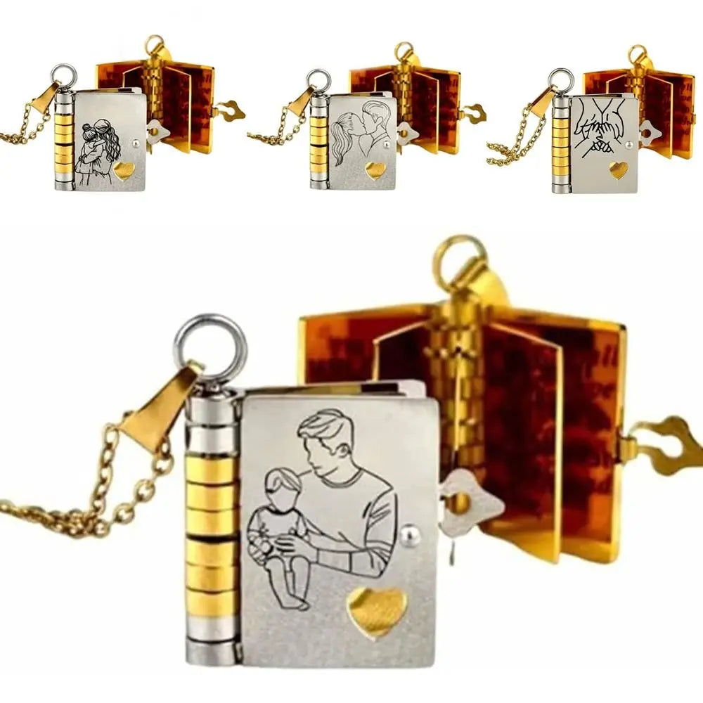 Openable Daughter Book Necklace Stainless Steel Gold Color Message Mini Book Pendant Necklace with Pages of Engraved Information